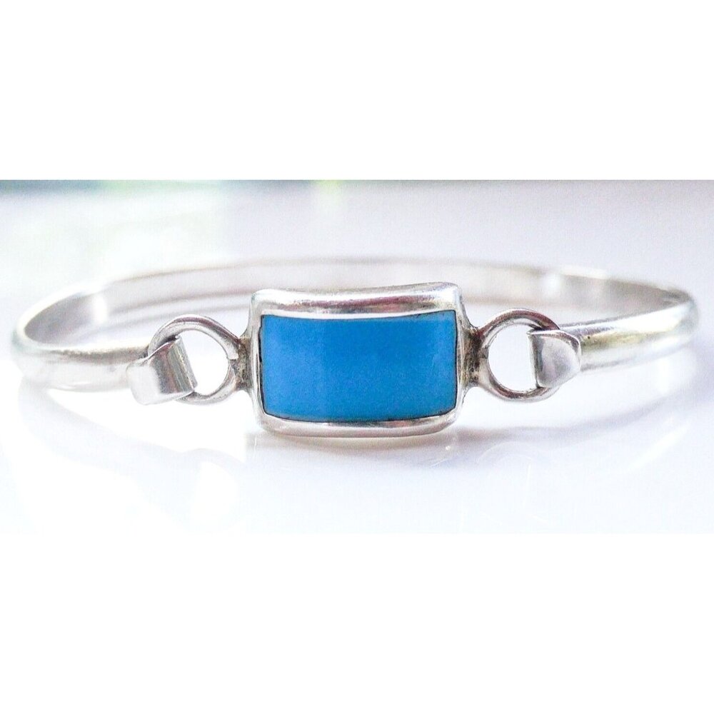 Vintage Mexico 925 Sterling Silver Blue Rectangle Bangle Bracelet 7.25" 19.68g